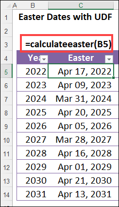 list of Easter dates in Excel