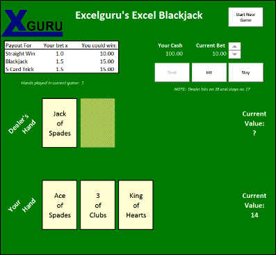 Excel Blackjack game by Ken Puls