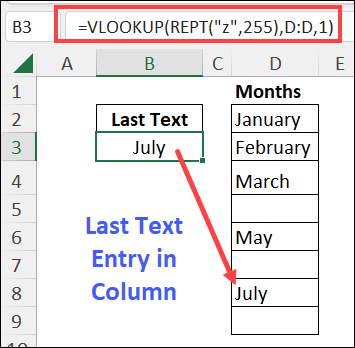 VLOOKUP and REPT find last text entry in column