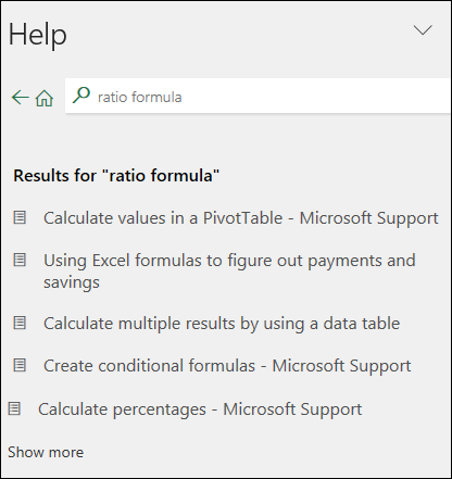 Microsoft Excel help pane for ratio formula