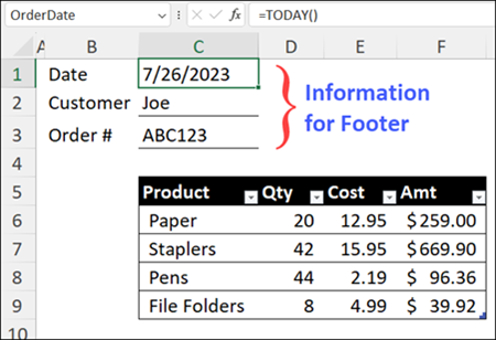 worksheet cells with footer details