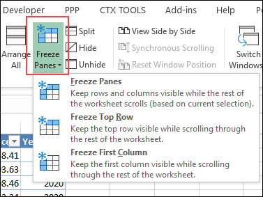 Excel Freeze Panes settings