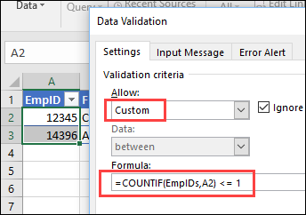 Custom data validation rule to block duplicate entries in column
