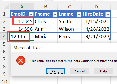 Data validation message appears and duplicate entry is blocked