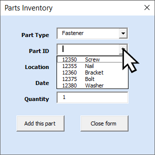 Parts Inventory UserForm with Dependent Combo Box