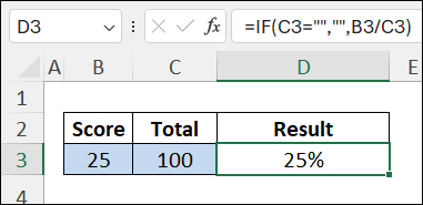 formula in cell D3 calculates a percentage