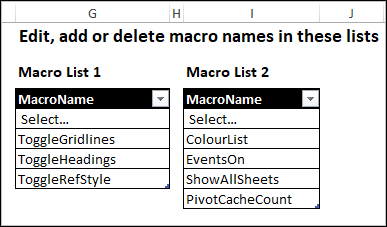 Excel tables with macro names for drop down lists Excel tables with macro names for drop down lists